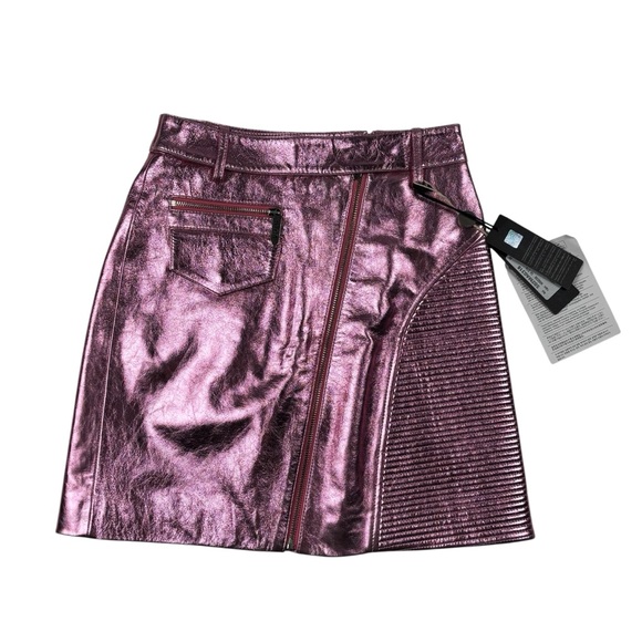 JUST CAVALLI METALLIC PINK LEATHER RIBBED HIGH WAIST MINI MOTO SKIRT - Picture 2 of 15